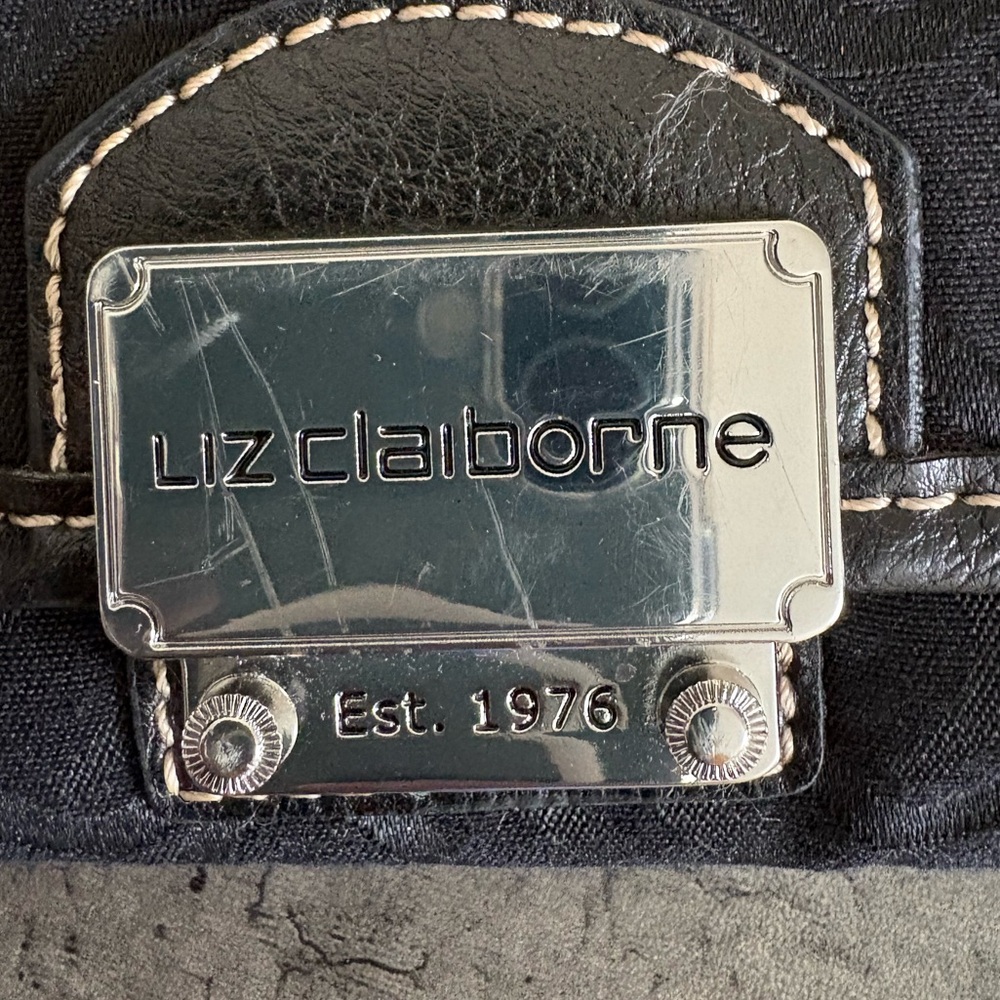 Liz Claiborne Fabric/Faux Leather Black Shoulder Bag Logo Pattern Strap Ring - Picture 10 of 12